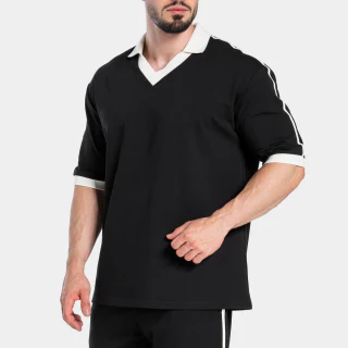 Camisa polo masculina oversized de algodão/elastano com decote em V de secagem rápida · 260 GSM · 1