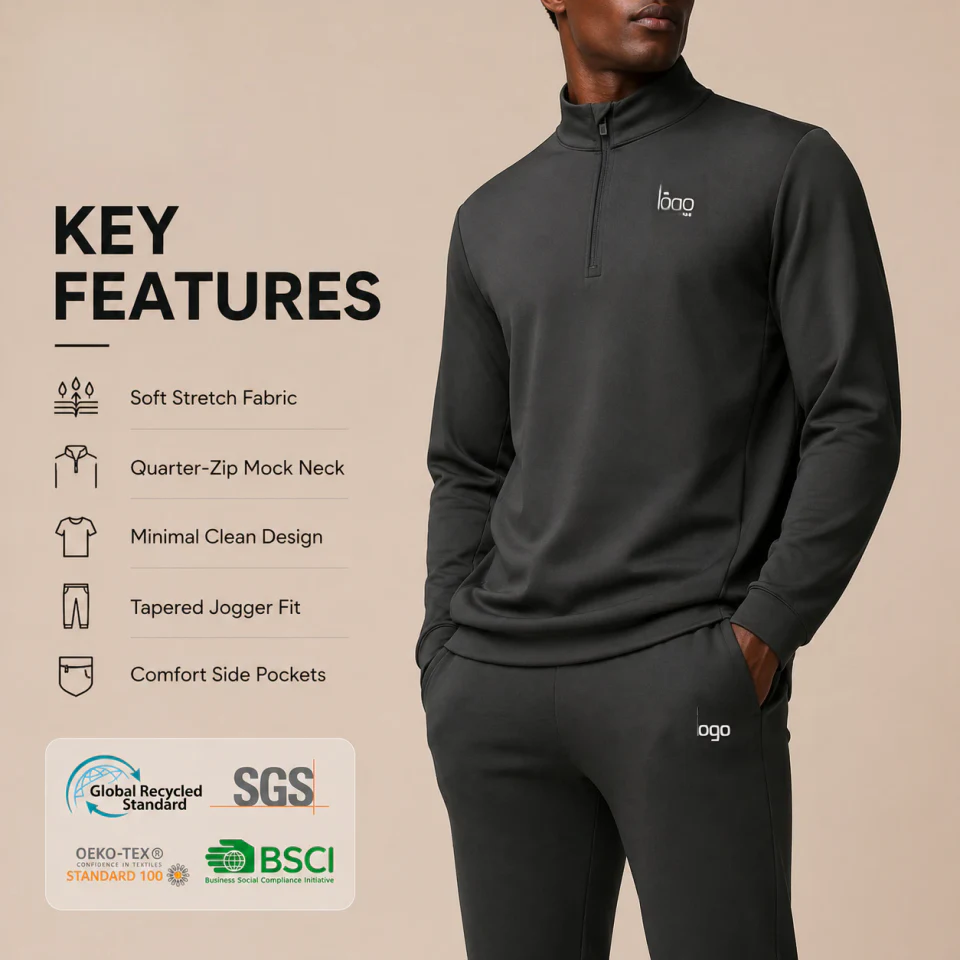 Men's quarter-zip long-sleeve polyester pullover top · 2