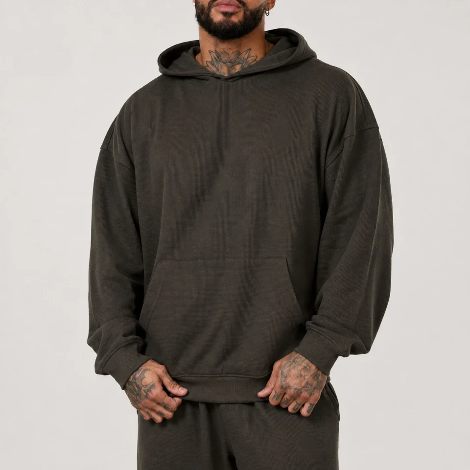 Felpa con cappuccio oversize da uomo in cotone/poliestere con lavorazione waffle · 1
