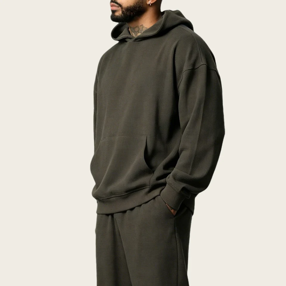Felpa con cappuccio oversize da uomo in cotone/poliestere con lavorazione waffle · 2