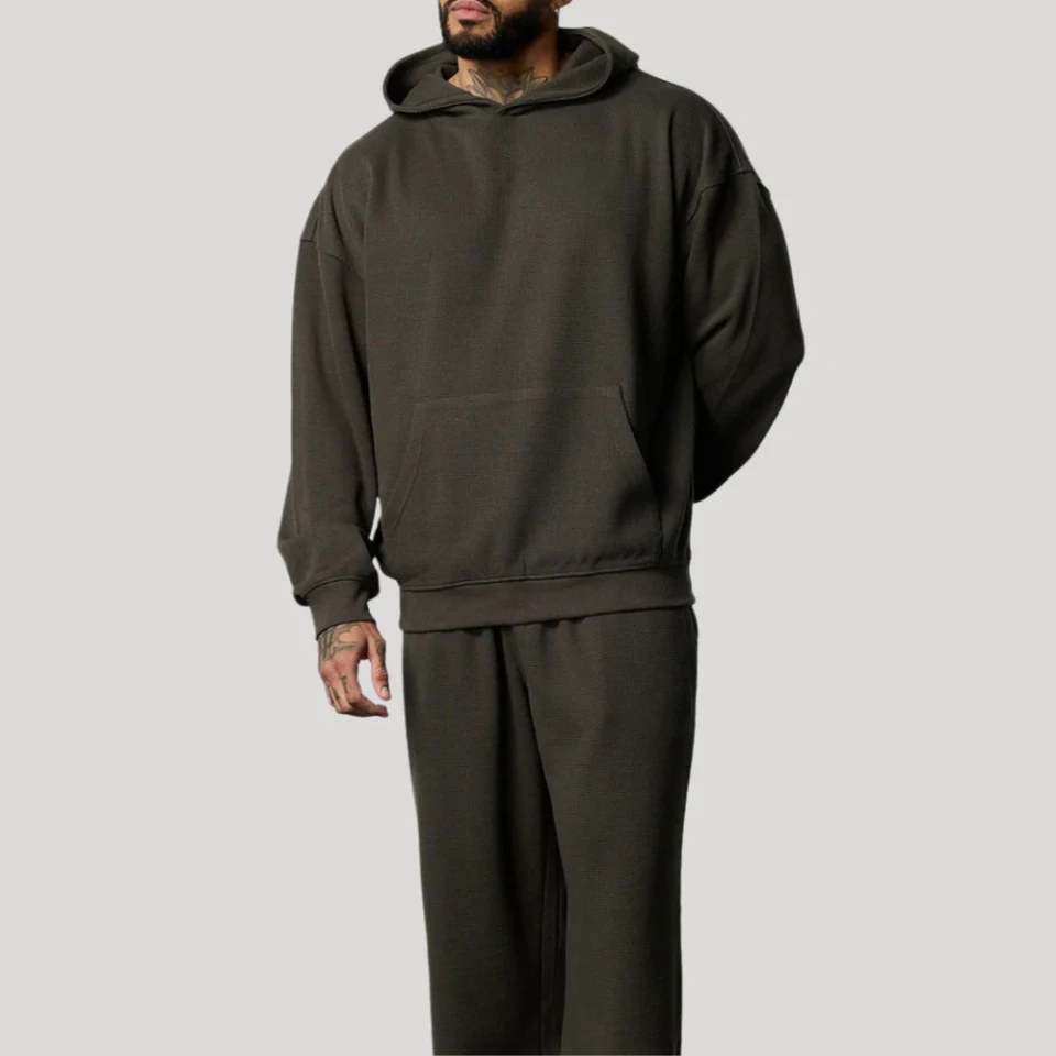 Felpa con cappuccio oversize da uomo in cotone/poliestere con lavorazione waffle · 3