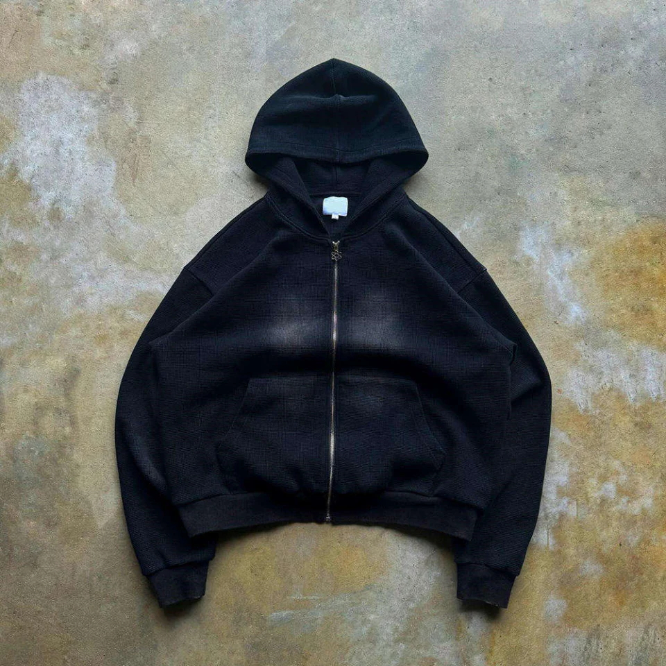 男士直筒版型厚重華夫格針織棉質連帽衫 · 5