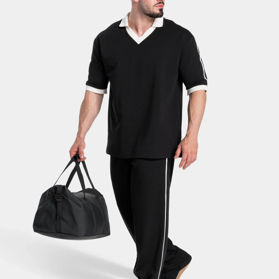 Camisa polo masculina oversized de algodão/elastano com decote em V de secagem rápida · 260 GSM · 4