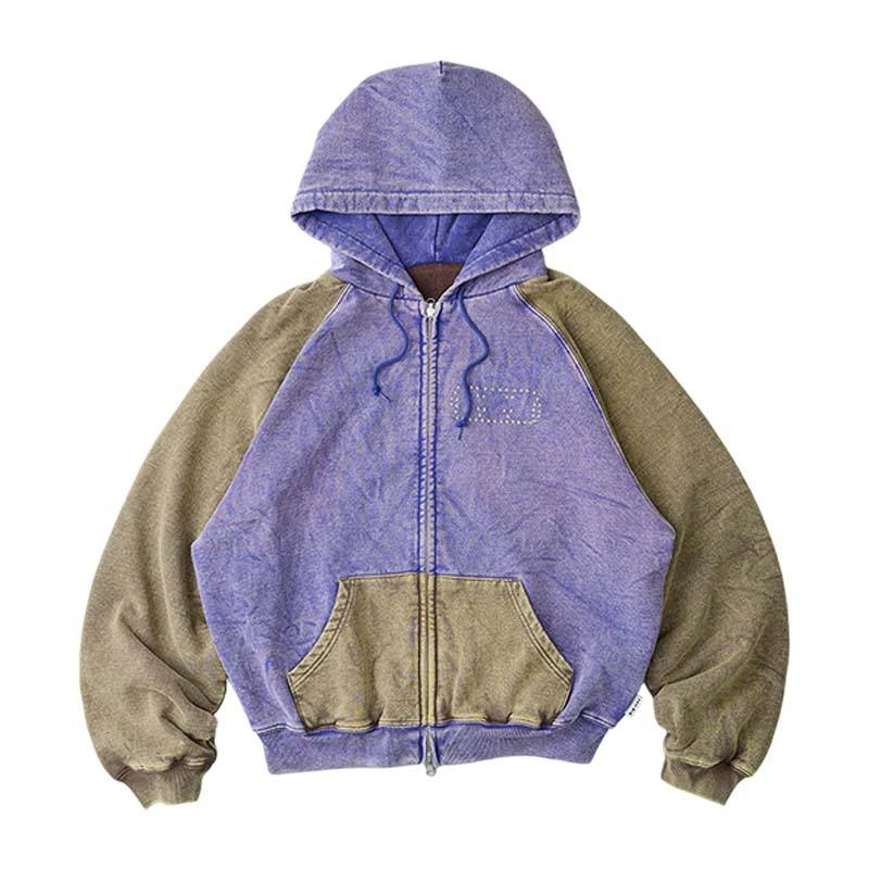 Sweat à capuche zippé en coton épais délavé à l'acide